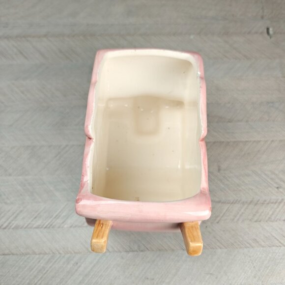 Vintage Ceramic Pink Bunny Wheelbarrow Planter Sponge Holder Floral Design - Picture 6 of 10